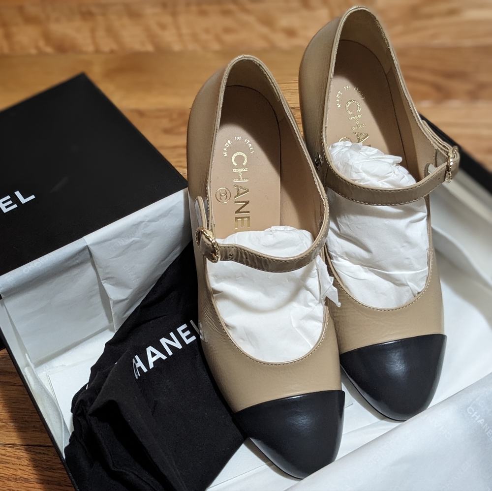 CHANEL 22A Other Open Shoes Mary Jane Heels Size 38 Beige